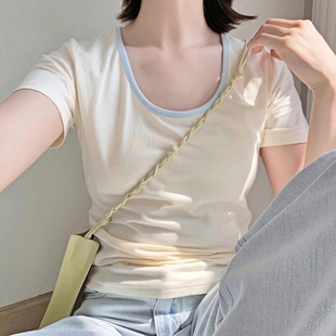 2025夏季新款弹力修身打底衫短袖T恤女撞色U领百搭显瘦时尚上衣