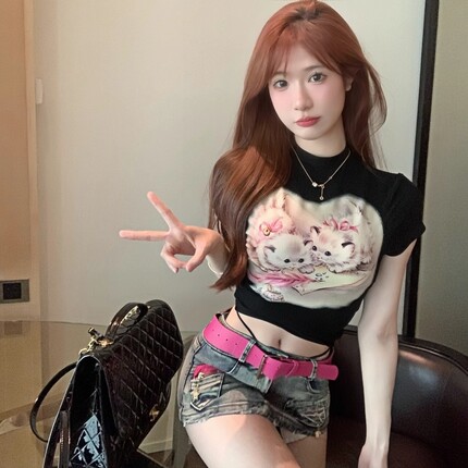 正肩甜辣半高领印花猫咪短袖t恤女夏季小众短款紧身显瘦上衣外穿