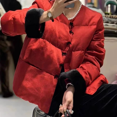 时尚圆领国风洋气年轻款拼水貂毛皮草鹅绒羽绒服外套女短款中式