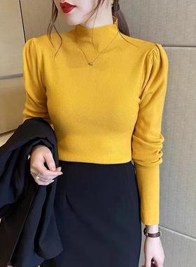 半高领泡泡袖长袖针织衫女2024秋冬季新款修身打底衫洋气内搭上衣