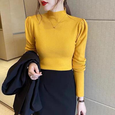 半高领泡泡袖长袖修身针织衫