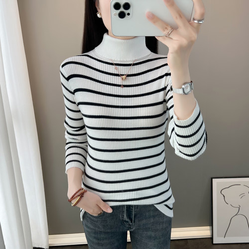 秋冬高领条纹显瘦打底毛衣女