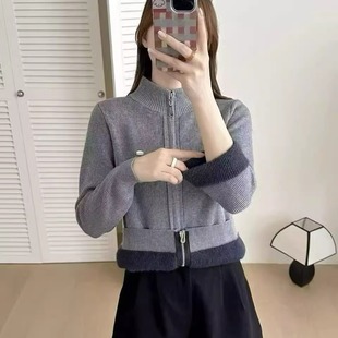 韩系立领拉链针织开衫女2025秋冬加绒一体绒毛衣外套修身保暖内搭