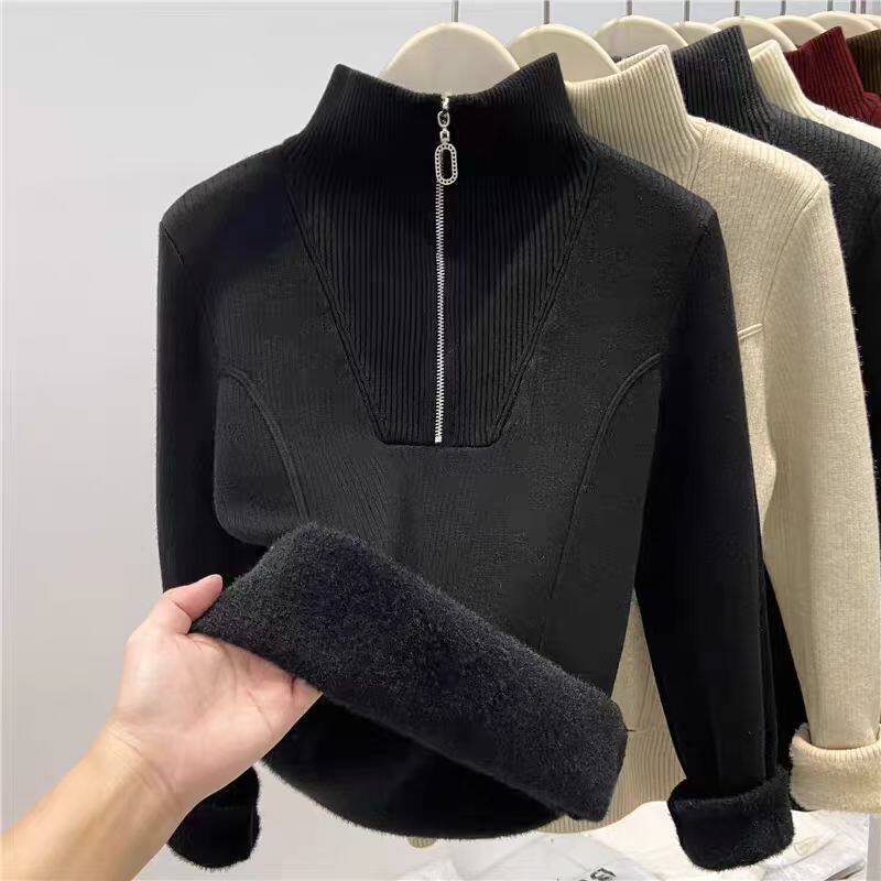 半拉链立领一体绒毛衣女纯色套头