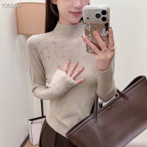 半高领钉珠显瘦针织打底衫女秋冬