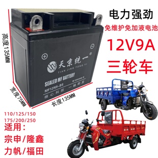 男士 175电瓶蓄电池12V9AH 125 4B摩托车正三轮车150 天京统一12N9