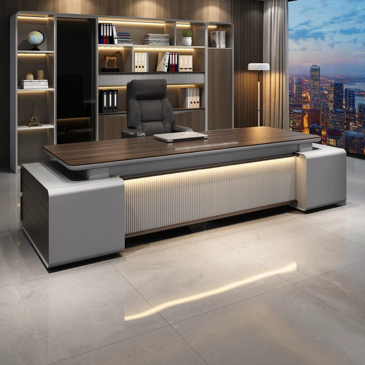 高端老板办公桌LED灯带总裁办公室文件柜大班台组合配密码锁厂家