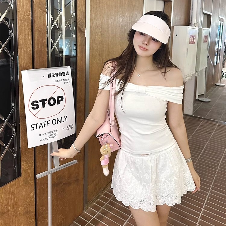 汤元家sd 设计感蝴蝶结一字肩短袖t恤女夏季新款修身显瘦短款上衣