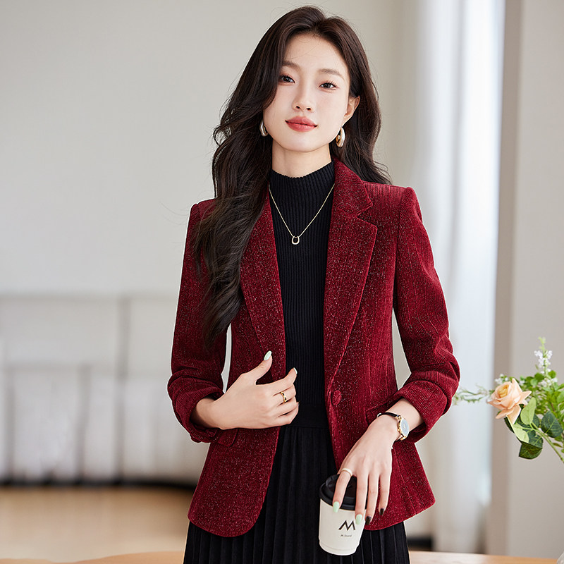 酒红色金丝绒西装外套女