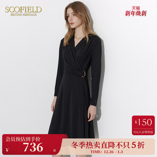 Scofield女装 腰部褶皱设计气质连衣裙 V领修饰A字裙摆优雅法式