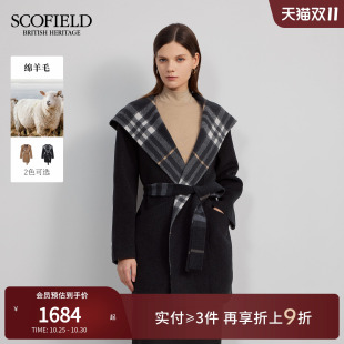 Scofield女格纹老钱风大衣大翻领毛呢2025年冬新品 100%绵羊毛