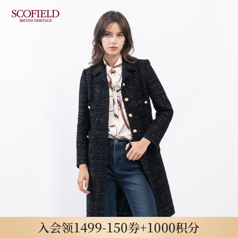 SCOFIELD女装2020年冬季新款简约方领撞色花纱毛呢大衣SFJWA4T030