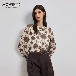 新品 Scofield女裝 浪漫假日風印花襯衫 領口褶皺廓形襯衣2025秋季