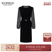 2025秋冬新品 Scofield女装 典雅气质丝绒直筒连衣裙千鸟格拼接袖