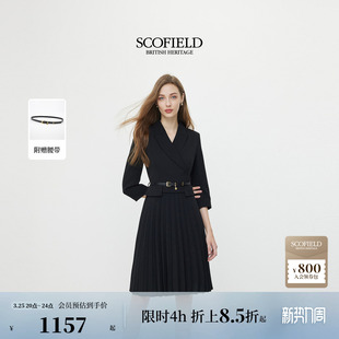 新品 翻领连衣裙百褶中长裙2026春季 轻商务干练西装 Scofield女装
