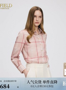 Scofield女装简约休闲粉色格纹印花衬衫可拆卸飘带