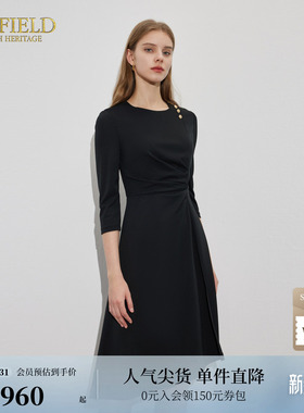 Scofield女装圆领七分袖立体褶皱针织连衣裙OL通勤中长裙子春夏