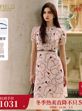 Scofield女装通勤印花连衣裙蓝色短袖抽褶雪纺裙夏季裙子