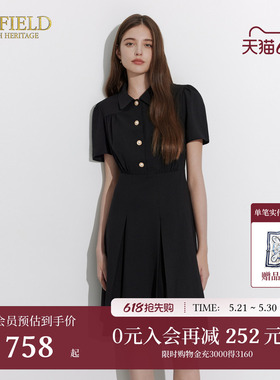 Scofield女装百褶泡泡袖连衣裙黑色优雅长裙短袖雪纺裙夏季裙子