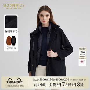 连帽通勤休闲黑色毛呢大衣外套秋冬新品 Scofield女装 羊毛100%