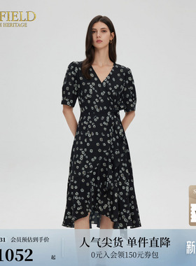 Scofield女装温柔V领印花连衣裙斜门襟系带荷叶裙摆