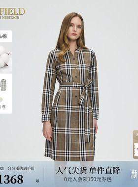 【棉100%】Scofield女装复古格纹衬衫连衣裙V领收腰裙