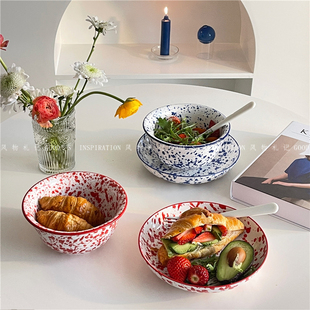 陶瓷泼墨波点碗盘子 仿搪瓷大容量沙拉汤碗泡面碗ins红蓝餐具韩式