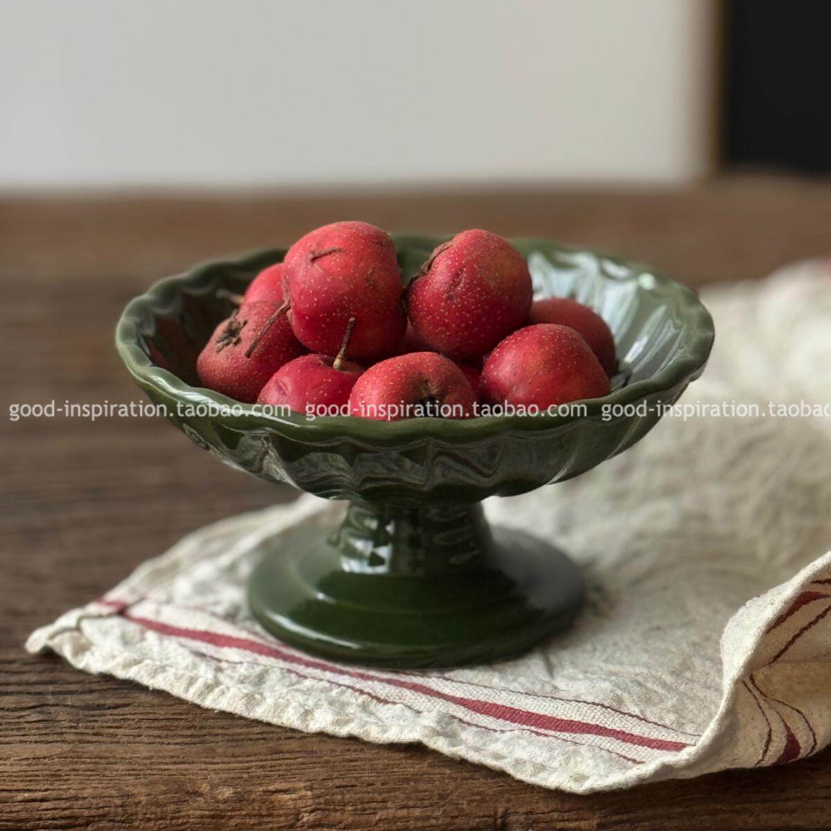 进口瓷釉陶瓷浮雕高脚盘 复古墨绿点心水果托盘冰淇淋甜品碗日本