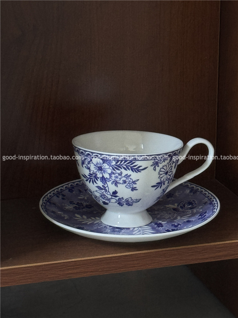 法式青花瓷陶瓷咖啡花茶杯碟 ins复古蓝色花纹拿铁杯下午茶杯子