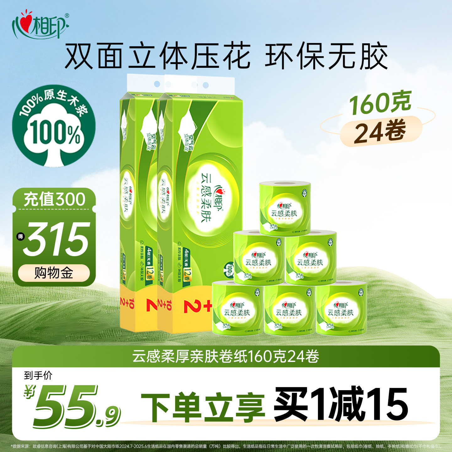 心相印云感柔肤立体压花卷筒厕纸卷筒纸厕纸卫生纸四层160克24卷