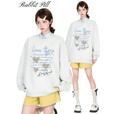 兔丸字母印花ins美式韩系圆领宽松慵懒百搭加绒男女同款卫衣外套
