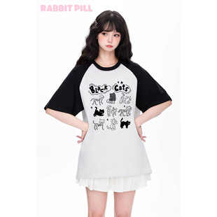 T恤情侣 240克精梳棉猫咪军团圆领宽松撞色宅T暗黑系慵懒百搭短袖