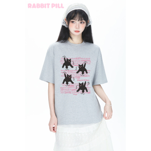 兔丸惊吓小猫印花圆领纯棉宽松oversize韩系潮百搭短袖T恤女半袖