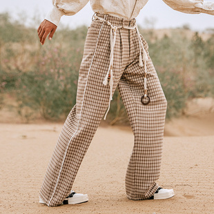 山谷少年原创男装 粒野 复古格纹宽松阔腿休闲百搭拖地腰绳长裤