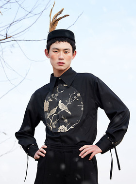 金雀 轻奢金丝提花新中式长袖打底黑色衬衫 山谷少年原创设计男装