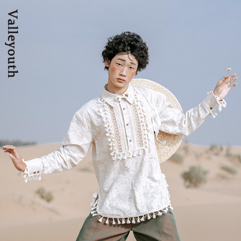 沙棠 复古南法棉麻植物提花流苏套头长袖衬衫 山谷少年原创男装