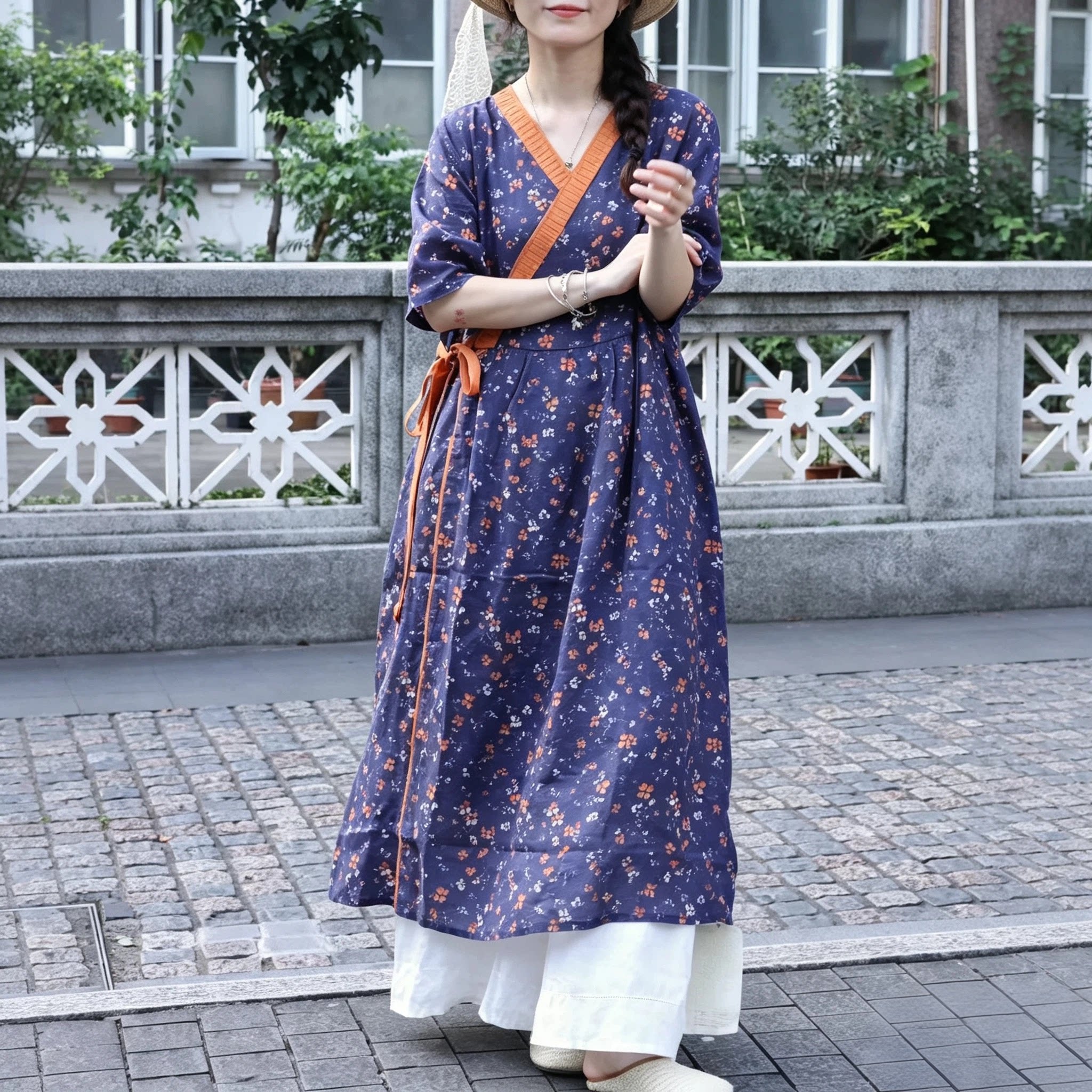 日系田园碎花苎麻收腰连衣裙