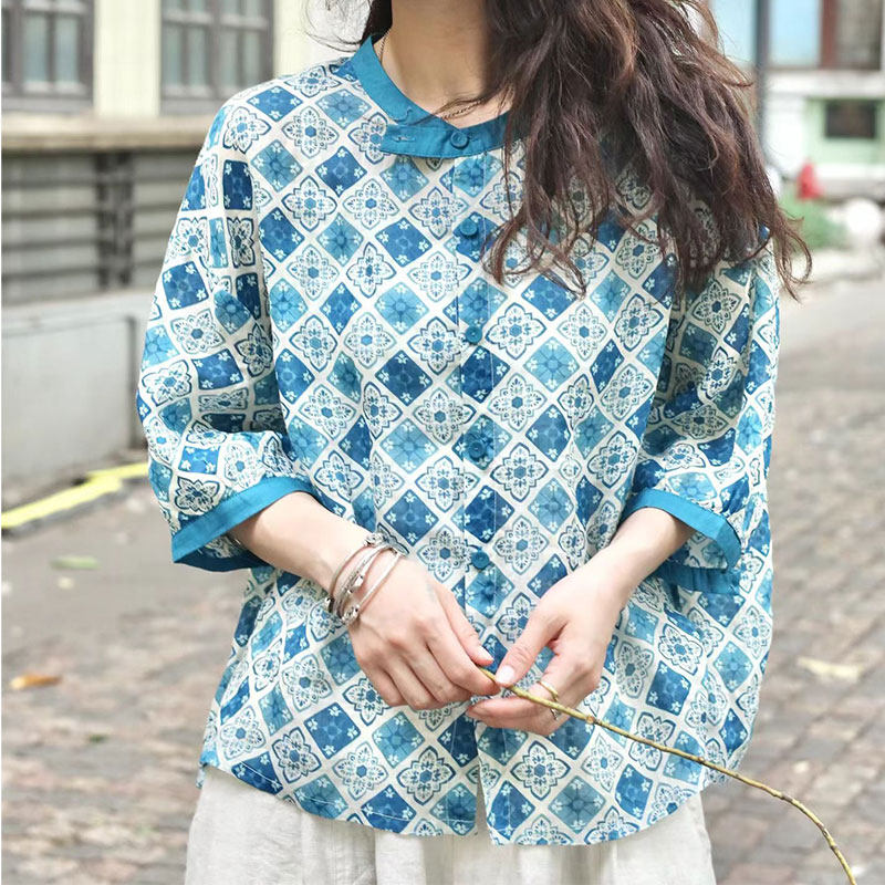 新中式青花瓷苎麻衬衫女夏季立领宽松复古民族风薄款透气空调小衫