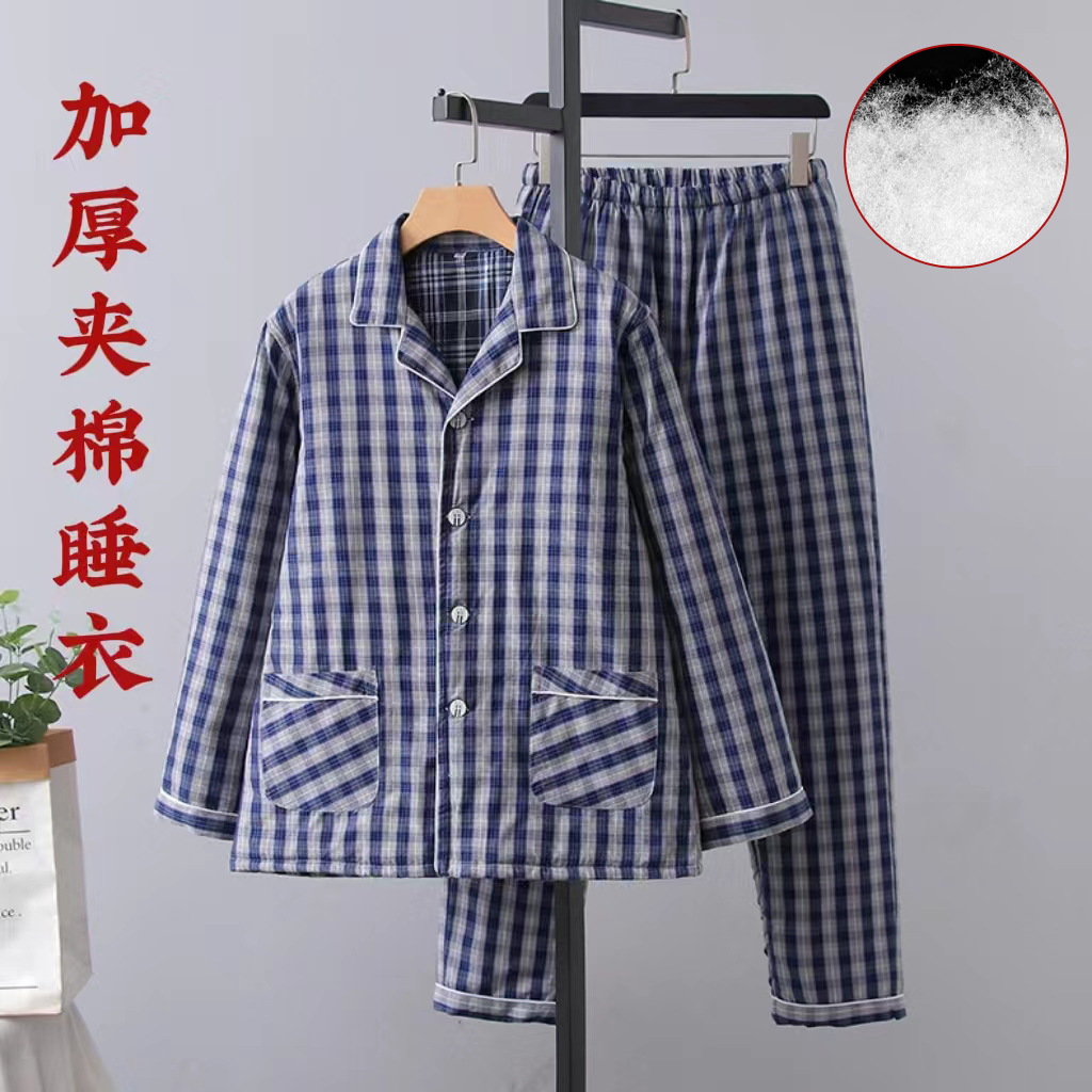 冬款纯棉老粗布长袖棉衣男保暖睡衣套装加厚夹棉丝绵家居服两件套