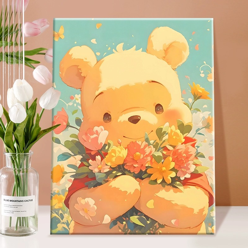 鲜花小熊-diy数字油画填色手工丙烯油彩填充画无聊解闷手绘装饰画图片