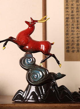 平步青云陶瓷鹿摆件富贵红