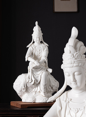 德化陶瓷坐岩自在观世音佛