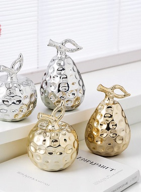 中式陶瓷电镀金银苹果梨摆件