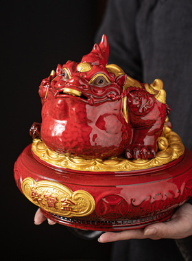 招财陶瓷三足金蟾聚宝盆摆