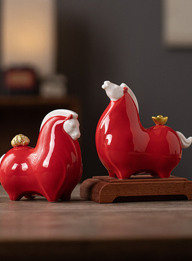 红色陶瓷唐马一对招财家居