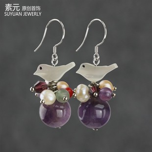 OL水晶小鸟耳饰民族手工礼品 精致时尚 素元 紫水晶夸张耳环纯银韩版