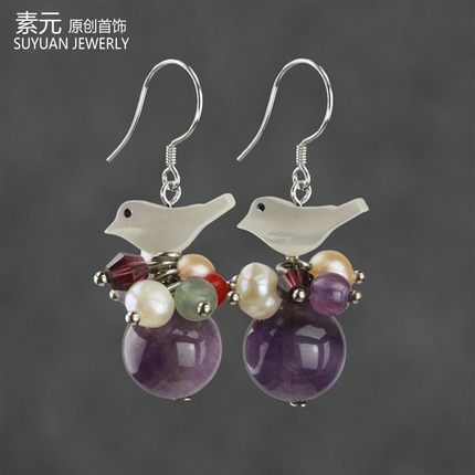 素元紫水晶夸张耳环纯银韩版精致时尚OL水晶小鸟耳饰民族手工礼品