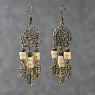 卡其色民族风耳环古装古铜色流苏树叶夸张蓝色长款中国风耳饰