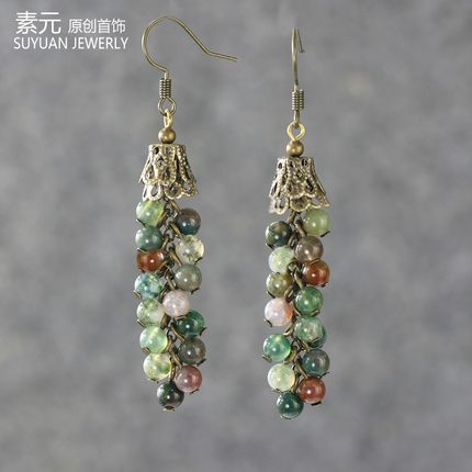 素元天然印度玛瑙长款耳环女原创绿色原石复古铜色流苏玉石耳饰坠