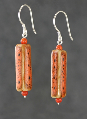 橙色长方形艺术陶瓷耳环女纯银复古小众设计感地橘色民族风耳饰品